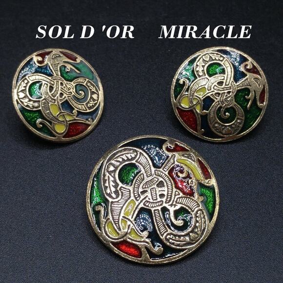 Vintage Celtic Design Miracle Brooch Pendant & Earrings Set Enamel Dragon - Picture 1 of 8